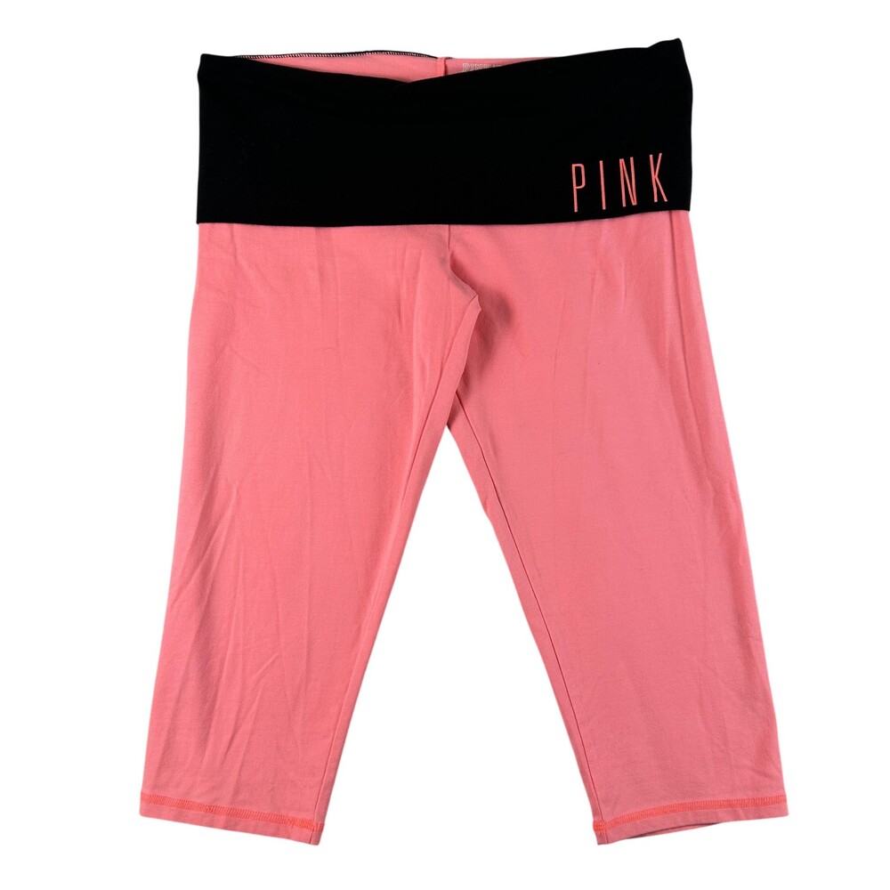 PINK Victoria's Secret Capri Leggings Womens Large Black Pink Foldover Yoga 18"